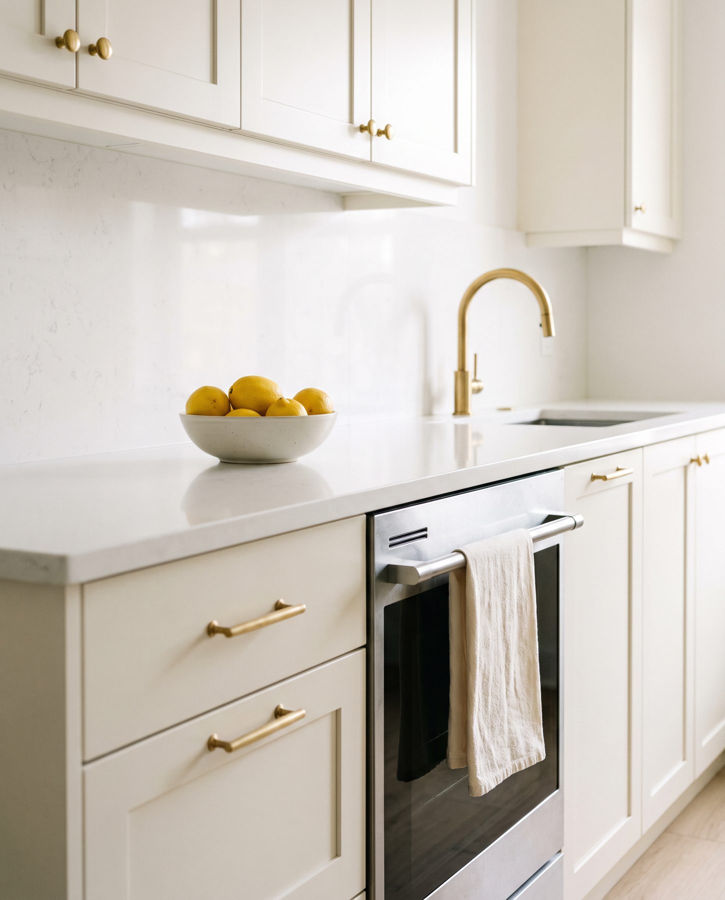 Cream kitchen with brass fixtures, counters clear and wiped down