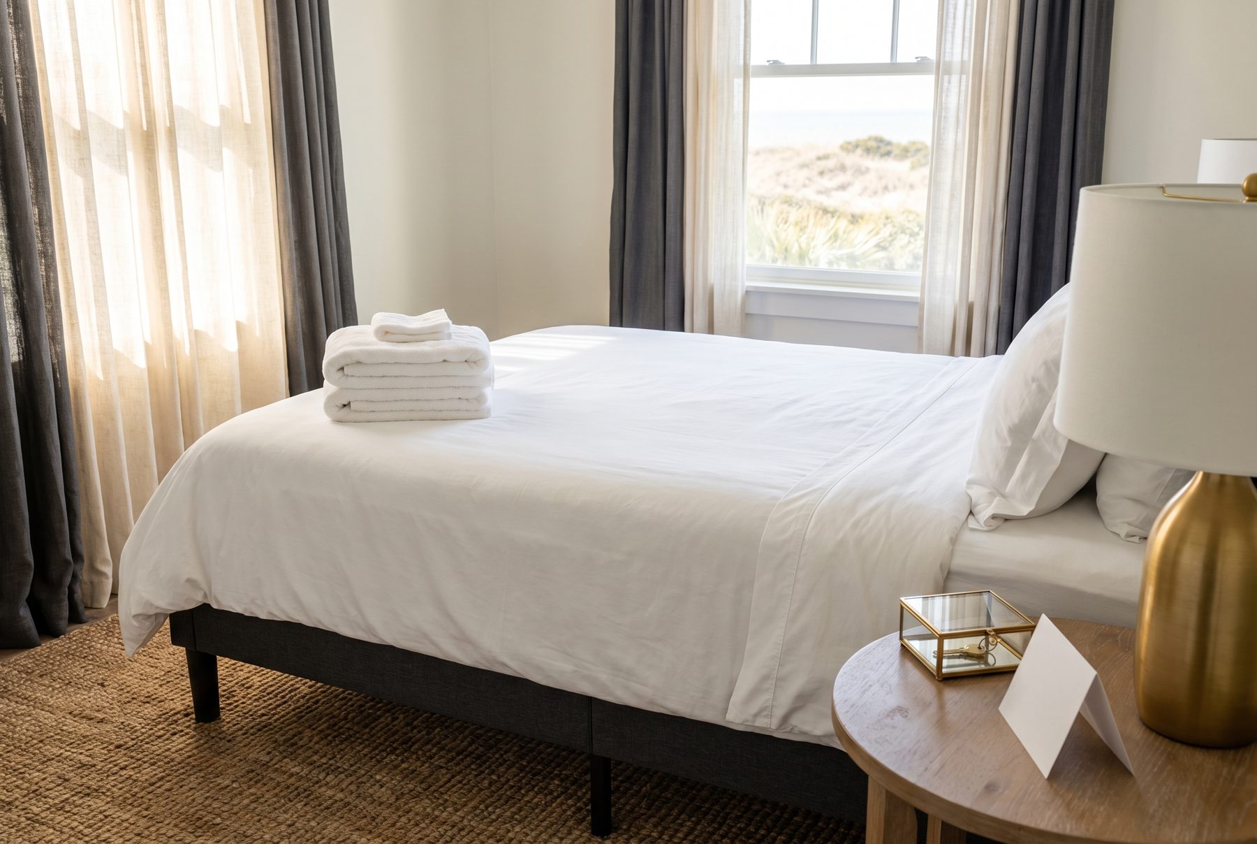 Guest bedroom made up with fresh white linens and folded towels