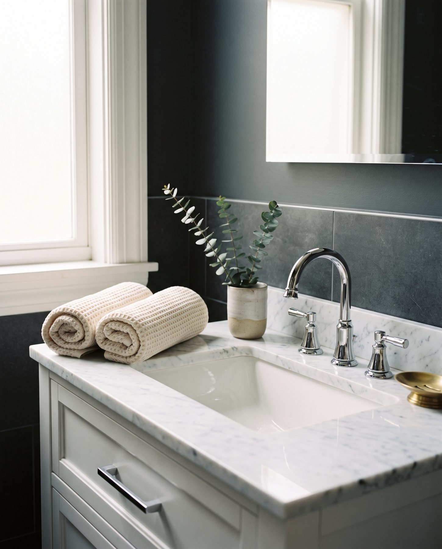 Marble bathroom vanity with rolled towels and a small eucalyptus sprig