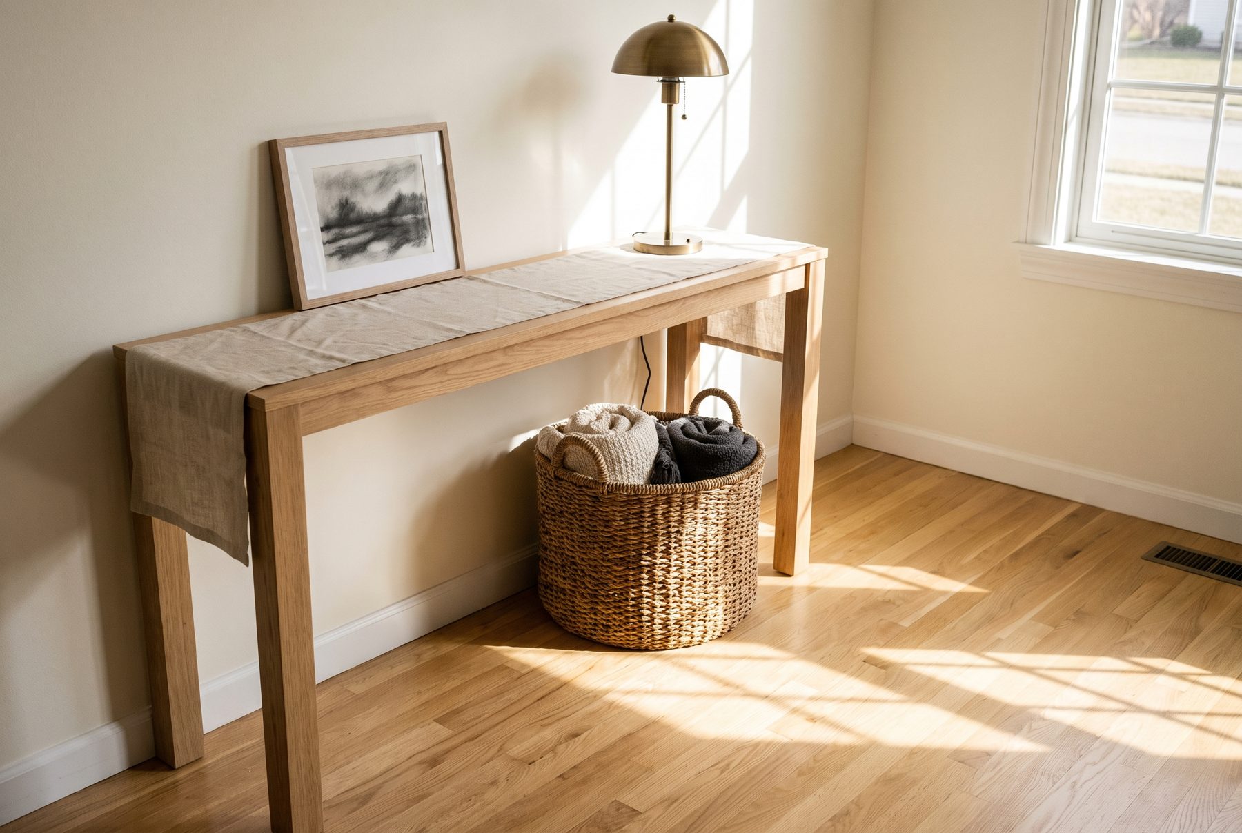 Sunlit entryway with a wood console table and a woven basket of folded throws